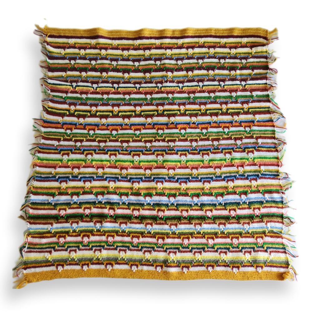 Vintage Crochet Rainbow Striped Blanket Throw Multi-Colored